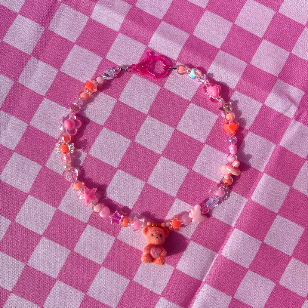 FUZZY BEAR Y2K Beaded Necklace ·˚ ༘ ⋆.𐙚 ̊